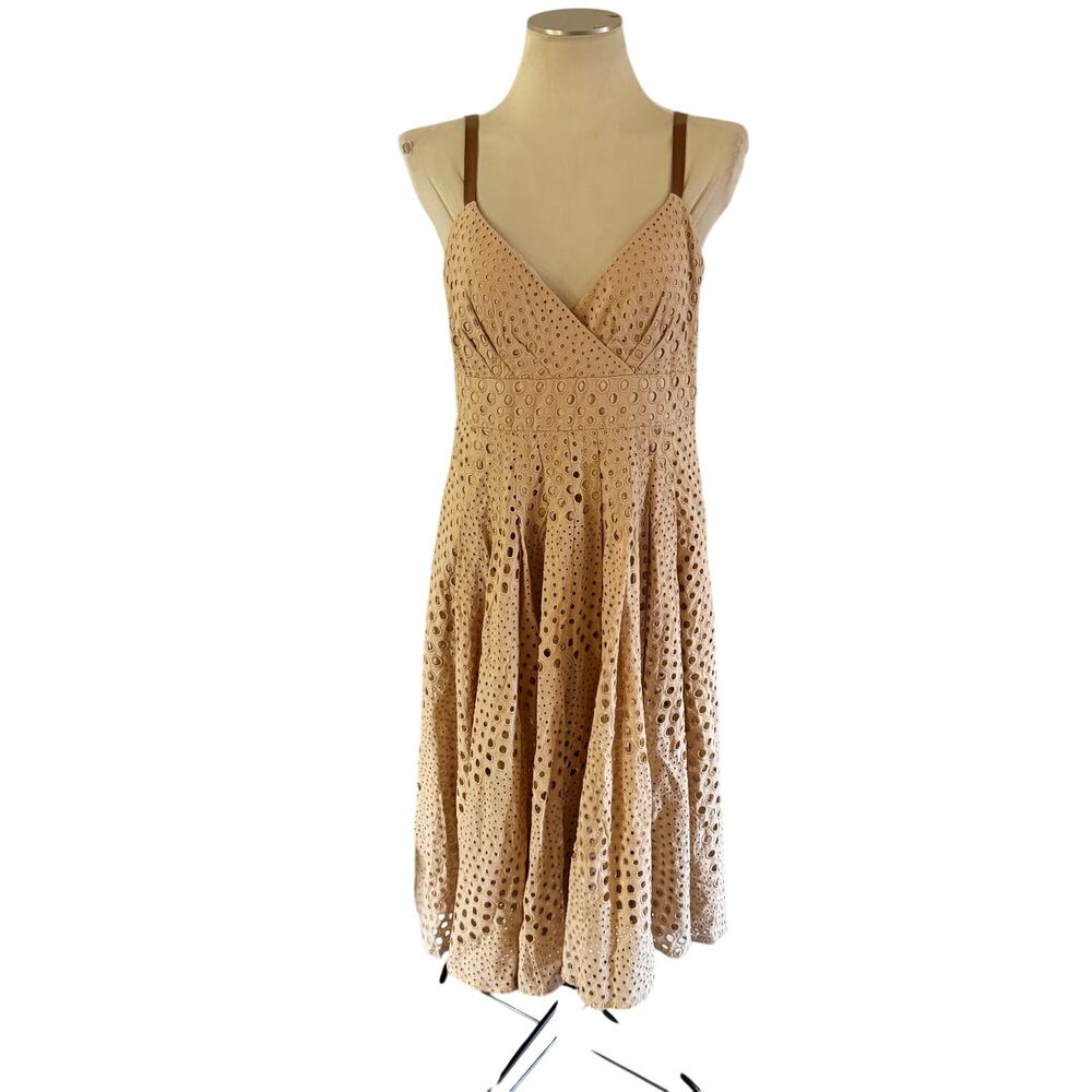 Boston Proper Tan Eyelet Lace Leather Strap A Line Midi Dress 12 Date Night